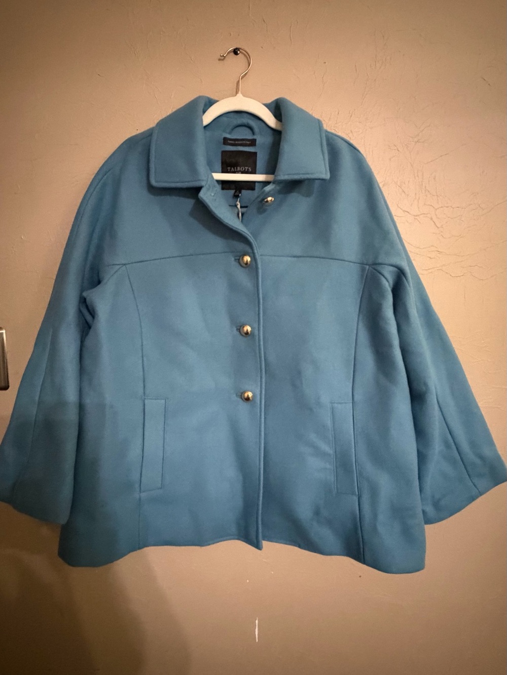 NWT Talbots Womens M Aqua Blue Wool Blend Coat Italian Fabric Gold Button 1x